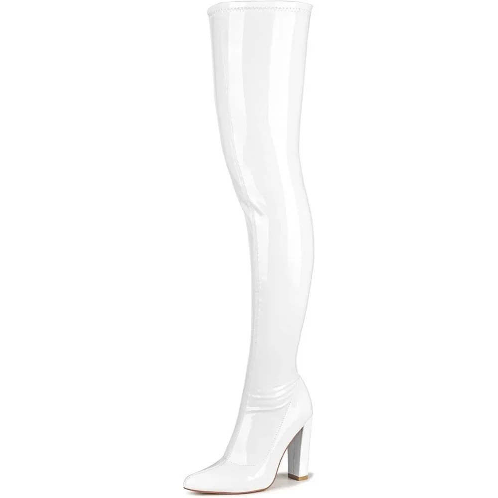 Women's White Patent Leather Thigh High Over The Knee Stylish Comfort Gogo Boot
